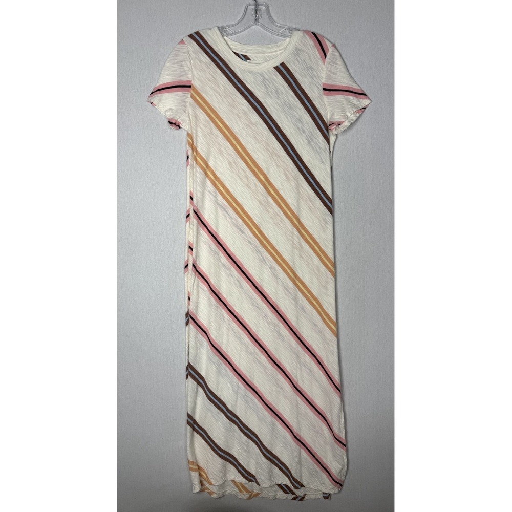Lou & Grey Womens Small Striped Slub Knit Short Sleeve T-Shirt Maxi Dress Ivory